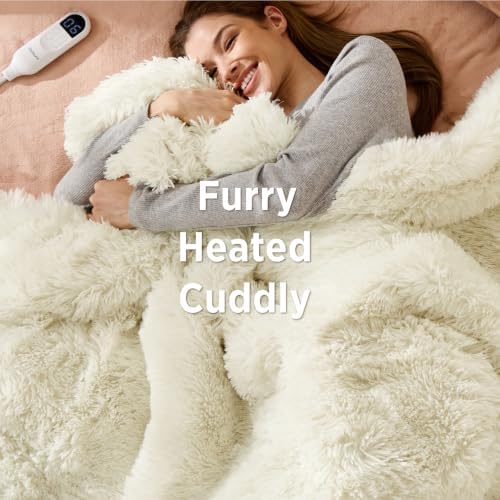 Bedsure Faux Fur Heated Blanket Throw Blanket, Fast Heating Fluffy Electric Blanket, Heated Throw with 4 Time Settings & 6 Heating Settings, Cozy Gifts for Women Men(50x60 inches, Cream) - Image 3