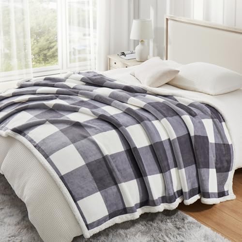 PU MEI Sherpa Blanket Fleece Throw Blanket Full Queen Plaid Thick Bed Blanket, Soft Warm Cozy Grey Checkered Throw Blanket 80"*90" - Image 5