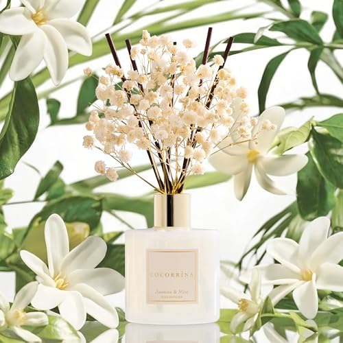COCORRÍNA Reed Diffuser - Jasmine & Mint 6.7 Fl.oz Reed Diffuser Set with Sticks & Preserved Baby's Breath, Reed Diffuser for Home Bathroom Shelf Decor - Image 4