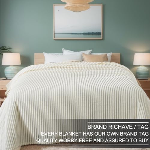Richave Cuddly Blanket King Size,Premium Lightweight Anti-Static Fluffy Fleece Blanket with Striped Pattern for King Calking Bed, 90x108 Inches,Cream - Image 2