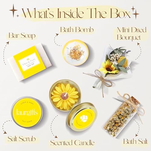 Sunflower Gifts for Women – Yellow Sunshine Spa Gift Box, Self Care Bath Basket with Citrus & Peony, Get Well Soon, Cheer Up or Birthday Present for Mom, Sister or Friend - Image 2