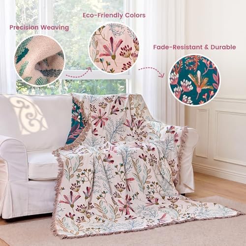 MSGKV Boho Throw Blanket 50"x60" 100% Cotton Floral Throw for Couch Sofa - Image 3