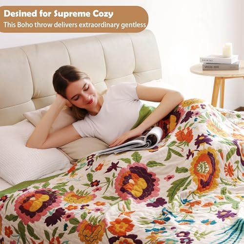 VANJOROY Boho Throw Blanket, 100% Organic Cotton Breathable Ultra Soft 80" x 90" Bed Quilt Throw - All Season Floral Rustic Farmhouse Decor Luxury Reversible Blanket for Sofa Couch Chair and Gift - Image 2