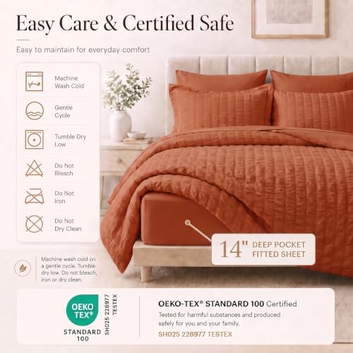 CozyLux Full Comforter Sets, 7 Pieces Burnt Orange Seersucker Bed in a Bag - Image 5