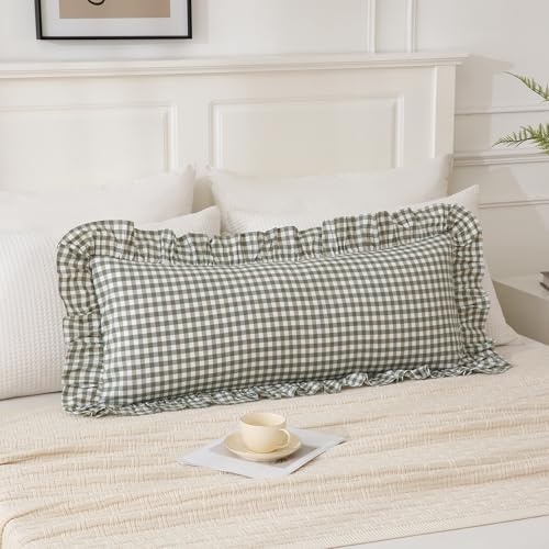 14x36 inches Sage Green Plaid Ruffle Lumbar Pillow Sham 1 Piece by Qilunn