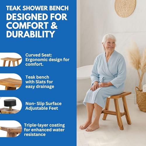 EcoDecors Satori 18-Inch Natural Teak Shower Stool, Waterproof - Image 2