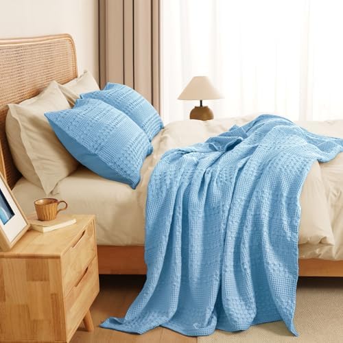PHF Lightweight 100% Cotton Waffle Throw Blanket for Couch, Airy Blue - Image 5