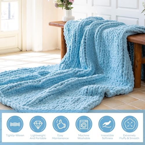 Chunky Knit Throw Blanket for Couch，50x60 Inches Light Blue - Image 2