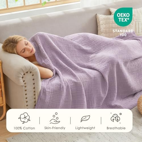EMME Cotton Muslin Throw Blanket Lavender 50"x60" Couch Breathable Gauze Blanket Soft Lightweight - Image 3
