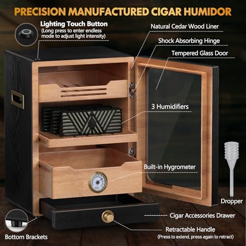Tesonway Cigar Humidor, Desktop Cigar Humidor Cabinet Light Control System with Spanish Cedar Wood Shelves, Hygrometer, 3 Humidifiers and Cigar Accessories Drawer, Father's Day Gift for Men (Black) - Image 2