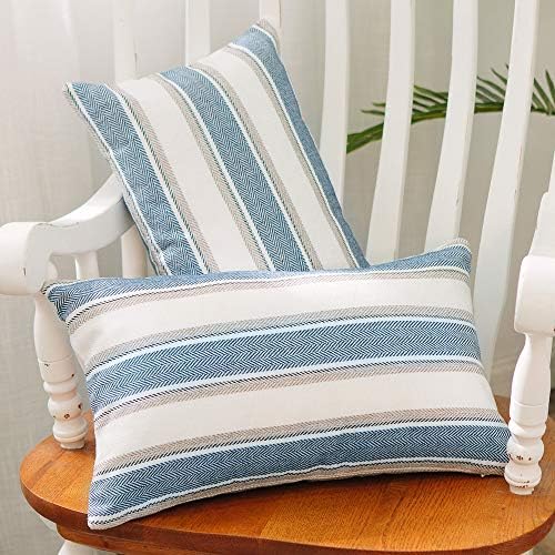 2 Pc Blue Multi Color Stripe Pillow Cases Soft Faux Linen Lumbar Decorative Throw Cushion Cover with Hidden Zipper for Bed Sofa Car 12" x 18" by NATUS+WEAVER