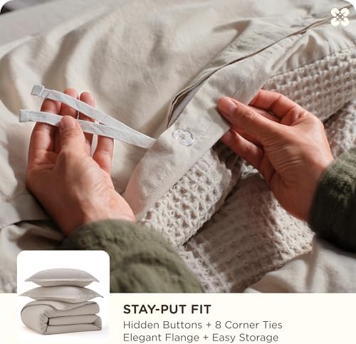 Bedsure PureWoven 3 Pieces 100% Cotton Waffle Weave Duvet Cover Set, Linen - Image 5