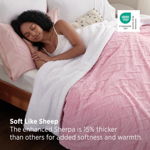 Bedsure Sherpa Fleece Blanket, Cable Jacquard Tufted, Warm, Pink, Throw - Image 2