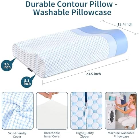 Memory Foam Pillows Neck Pillow for Pain Relief, Ergonomic Cervical Pillow Neck Shoulder Support Bed Pillow for Side Back Stomach Sleeper, Orthopedic Contour Pillow for Sleeping(Blue&White) - Image 5