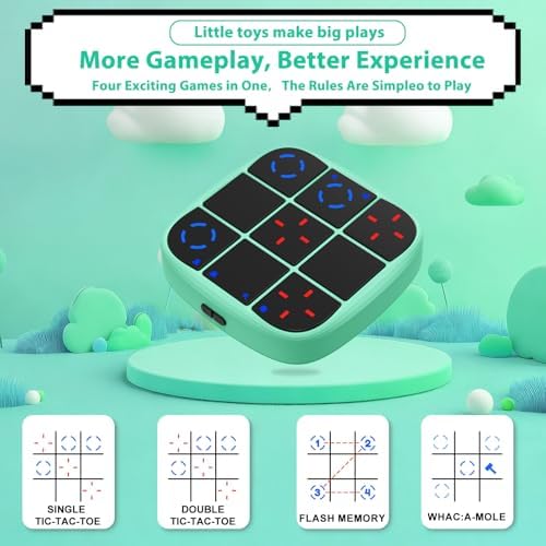 KOQQQ Rechargeable Tic-Tac-Toe Bolt Game, Upgraded 4-in-1 Handheld Puzzle Console, Electronic Educational Memory Game, Portable Travel Car Ride Board Games for Kids Adults (Cyan) - Image 2