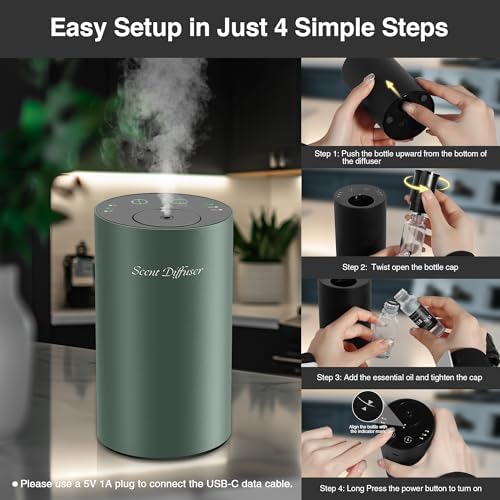 Waterless Essential Oil Diffuser Starter Kit - No Water Needed, Battery Operated Mini Scent Air Machine, Included 3x20ML Essential Oils, Portable Aromatherapy Diffuser for Home & Car & Office, Green - Image 6