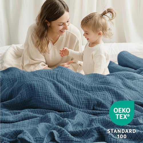 100% Cotton Muslin Blanket California King 120" x 90", 6 Layers Breathable and Lightweight Oversized Blankets for Bed, Soft Cooling Gauze Blanket for Adults All Season, Dark Blue - Image 2