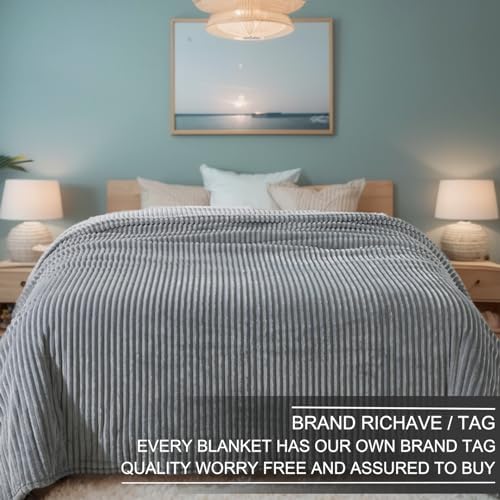 Richave Cuddly Queen Size Blanket, Premium Lightweight Anti-Static Fluffy Fleece Blanket with Striped Pattern, 90x90 Inches, Ash Grey - Image 2