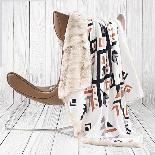 Luxury Plush Faux Fur Throw Blanket with Aztec Pattern, Super Warm, Fuzzy, Elegant, Fluffy Decoration Blanket for Couch, Armchair, Sofa and Bed, 50''x 60'', Cream - Image 7