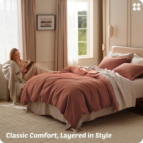 Bedsure PureWoven 3 Pieces 100% Cotton Waffle Weave Duvet Cover Set, Queen - Image 6