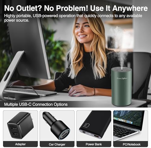 Waterless Essential Oil Diffuser Starter Kit - No Water Needed, Battery Operated Mini Scent Air Machine, Included 3x20ML Essential Oils, Portable Aromatherapy Diffuser for Home & Car & Office, Green - Image 5