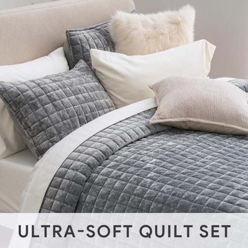 RECYCO Channel Box Stitch Velvet Quilt Set, King Size, Gray - Image 5