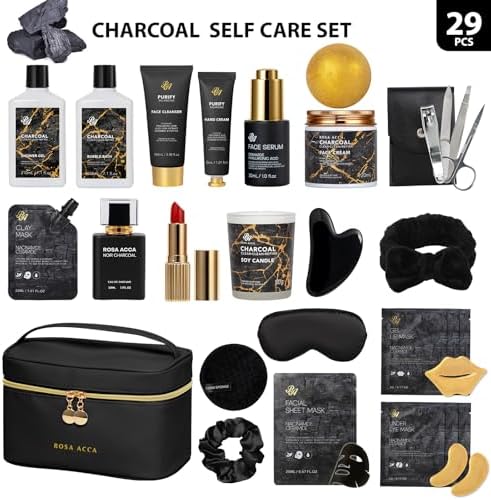 25 Pcs Bath & Body Gift Set for Women, Charcoal Skin Care Kit, Spa Gift Basket, Self Care, Cosmetic Bag, Serum, Necklace, Perfume, Eye Mask, Present, Christmas, Valentine's, Birthday, Mother's Day - Image 2