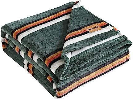 Wrangler - Queen Size Blanket, Ultra-Soft Plush Blanket, Medium Weight Cozy Bedding, Striped Americana Decor, College Dorm Room Essentials, Western Saddle Green by Wrangler%C2%AE