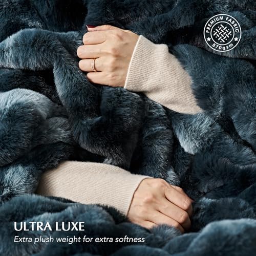EverGrace Faux Rabbit Fur Bubble Throw Blanket, 60"x80", Marble Deep Indigo - Image 3