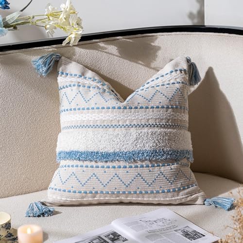 BlissBlush 18X18 Throw Pillow Cover, Coastal Blue Square Decorative Cushion Cover, Boho Accent Pillowcase with Tassels for Couch Sofa Living Room (Cover Only) by BlissBlush