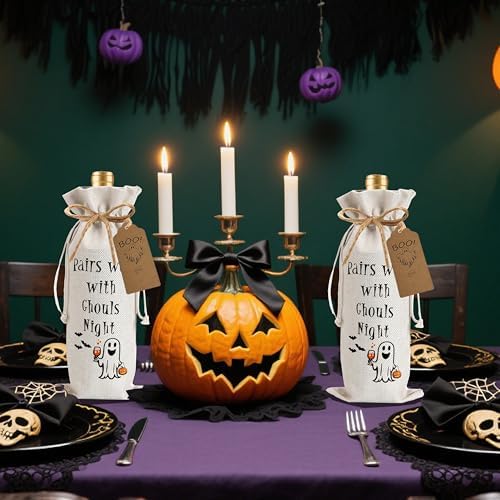 1Pcs Ghouls Night Gifts Wine Bag,Halloween Wine Bag,Happy Halloween Gifts Party Decorations for Women Menwith 1Pcs Kraft Blessing Cards and natural jute rope - Image 4
