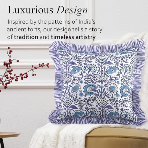 CPC Indigo Blue Ruffle Throw Pillow Covers for Couch, 18x18 Inch Cotton Stripe Ruffle Couch Pillows for Living Room, Hidden 14 Inch Zipper Boho Pillow Case or Cute Outdoor Pillows - Image 4