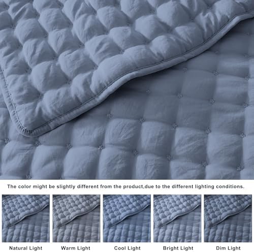 WDCOZY Dusty Blue Oversized King Quilt Set, California Cal King Rustic Bedspread, Lightweight Soft Farmhouse Coverlet, Spring Summer Thin Comforter, 3 Pieces, 2 Pillow Shams, 116x106 inches - Image 5