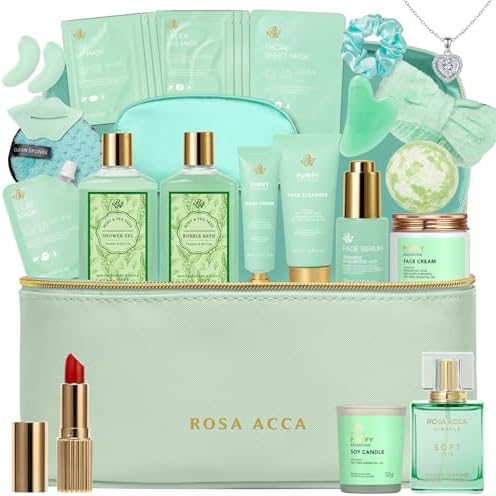 Mother's Day Gift, 25 Pcs Bath & Body Gift Basket Set for Women, Tea Tree Skin Care Set, Home Spa Gift Basket, Cosmetic Bag, Necklace, Christmas, Birthday, Anniversary, Wife, Mom by RAROSAACCA