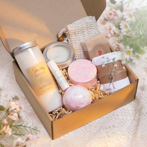 Natural Spa Gift Set for Her, Self Care Package for Women Spa Gift Basket, Wellness Spa Box, Bath and Body - Because you're worth it! (Medium, Strawberries and Cream) by AbbyLou