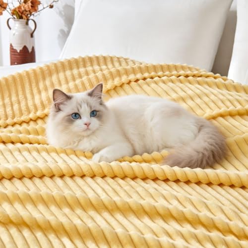 Bnuitland Light Yellow Fleece Throw Blanket 90"x90",300GSM Large Big Soft Cozy Warm Lightweight Stripe Pattern for Bed Sofa Home Decor,Suitable for Adults Family All Season - Image 5