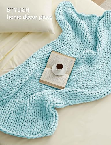 YnM Chunky Throw Blanket, Medium-Weight, Hand Knitted, Skin Friendly, Ventilated and Breathable, Machine Washable, Home Décor Piece for Couch, Sofa and Bed (Aqua Blue, 60x80 Inch) - Image 2
