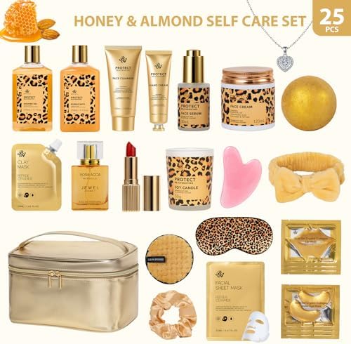 25 Pcs Mother's Day Gift, Honey & Almond Bath & Body Gift Set for Women, Hydrating Skin Care Kit, Spa Gift, Cosmetic Bag, Necklace, Anniversary, Christmas, Birthday, Valentines, Wife - Image 2