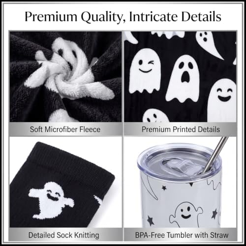 HunnmingRe 3 Pcs Black Halloween Ghost Gift with Throw Blanket Tumbler Sock - Image 6