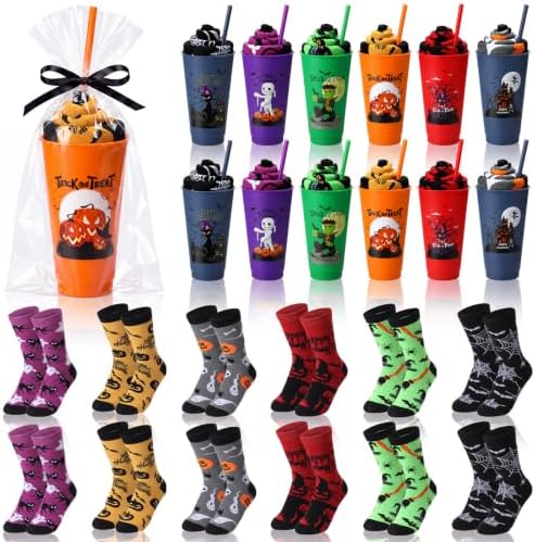 12 Set Halloween Party Gift Cup and Socks, Halloween Party Favor Bundle with Cups, Pairs Novelty Socks, Gift Bags and Ribbon for Trick or Treat Classroom Prize Supplies by Unknown