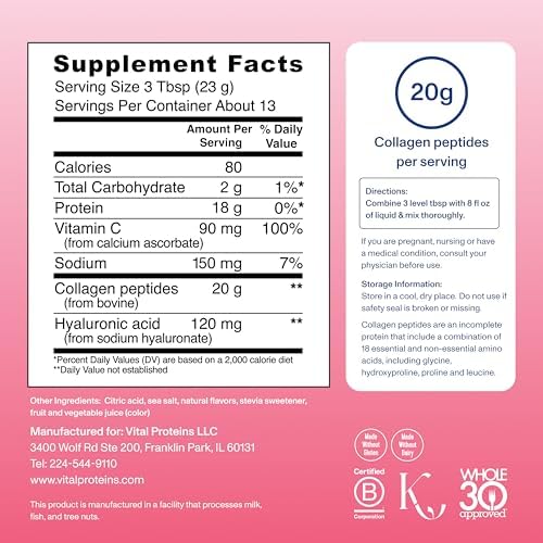 Vital Proteins Collagen Peptides Advanced, Hydrolyzed Peptides with Hyaluronic Acid and Vitamin C - Strawberry Lemon Flavor Powder, 10.5oz (Pack of 2) - Image 4