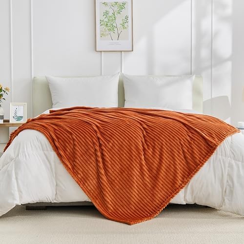 Bnuitland Burnt Orange Fleece Throw Blanket for Couch, 300GSM Soft Warm Cozy Fluffy Throw for Adults & Kids, Stripe Pattern 60"x80", All Season Sofa Bed Blanket for Home Decor - Image 4