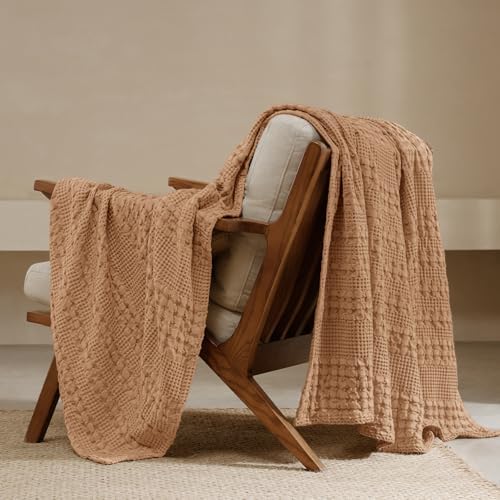 PHF Lightweight 100% Cotton Waffle Throw Blanket for Couch, Clay by PHF