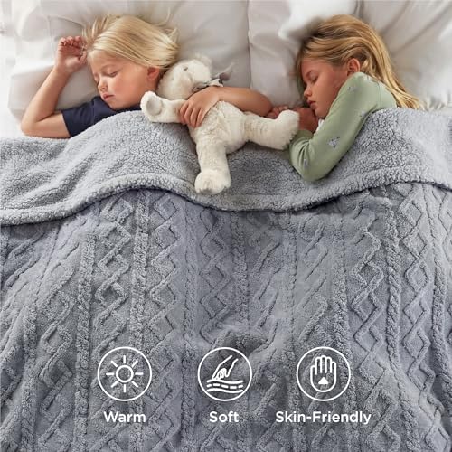 Bedsure Sherpa Fleece Blanket, Cable Jacquard Tufted, Warm, King, Grey - Image 2