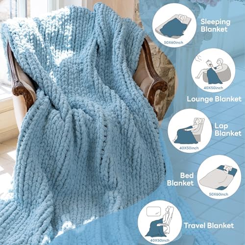 Chunky Knit Throw Blanket for Couch，40x50 Inches Light Blue - Image 6