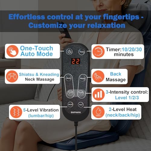 Massage Chair Pad with Dual Neck Modules and Heat, Navy Blue - Image 5