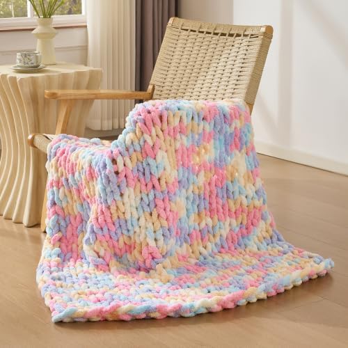 Bigacogo Chunky Knit Throw Blanket for Couch, 40x40 inches, Pink Blue Mix by Bigacogo