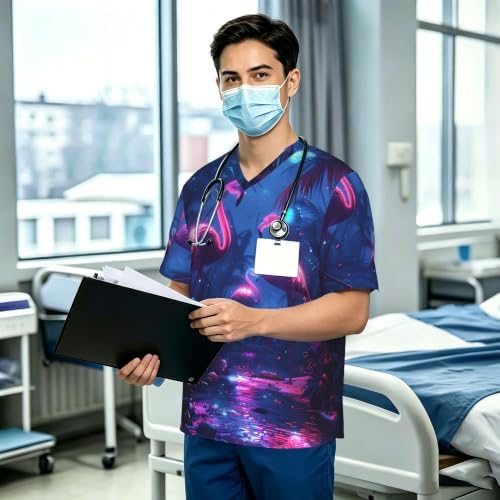 Men's Scrub Top,V-Neck Spill Wrinkle Resistant,3 Pockets-Flamingo Paradise Neon Night (1) - Image 3