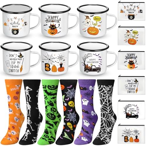 18 Pcs Halloween Gifts Set Pumpkins Ghost Makeup Bags Enamel Mugs Happy Halloween Ghost Witch Socks Bulk Tabletop Gifts Party Favors for Adults Women Coworkers Carnival Party Supplies by Singhoow