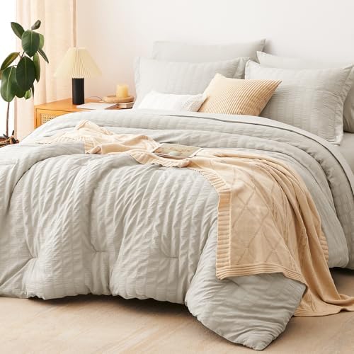 CozyLux Full Size Comforter Sets, 7 Pieces Beige Seersucker Bed in a Bag by CozyLux